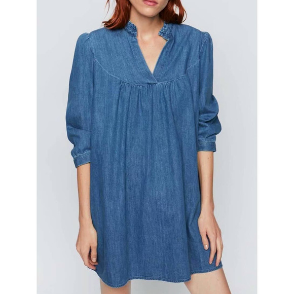 Zara Dresses & Skirts - Zara V Neck Long Sleeve Blue Denim Dress Size Small Babydoll Ruffles Puff Sleeve